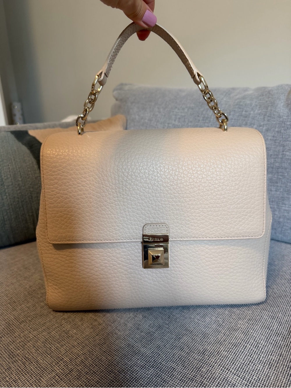 Furla Cream Pebbled Leather Top Handle Satchel with Gold Hardware